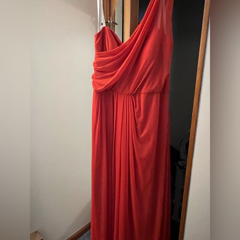 Floor length single shoulder David’s bridal dress